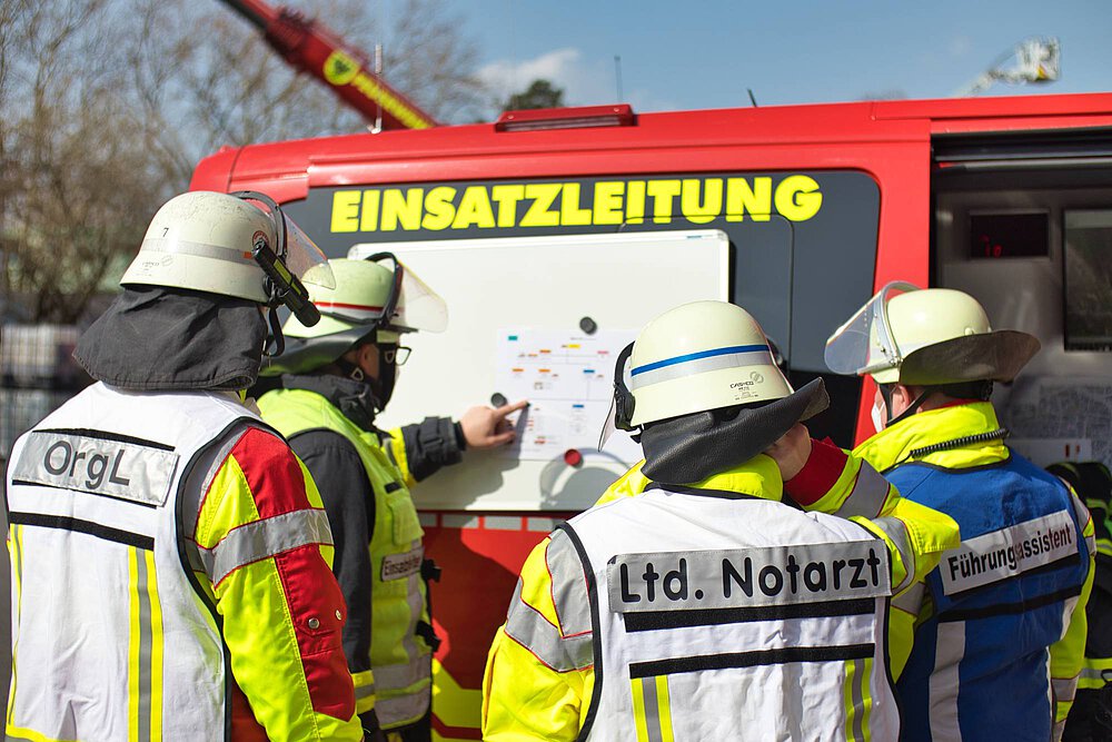 Führungskräfte des Rettungsdienstes bei einer Besprechung am Einsatzleitwagen